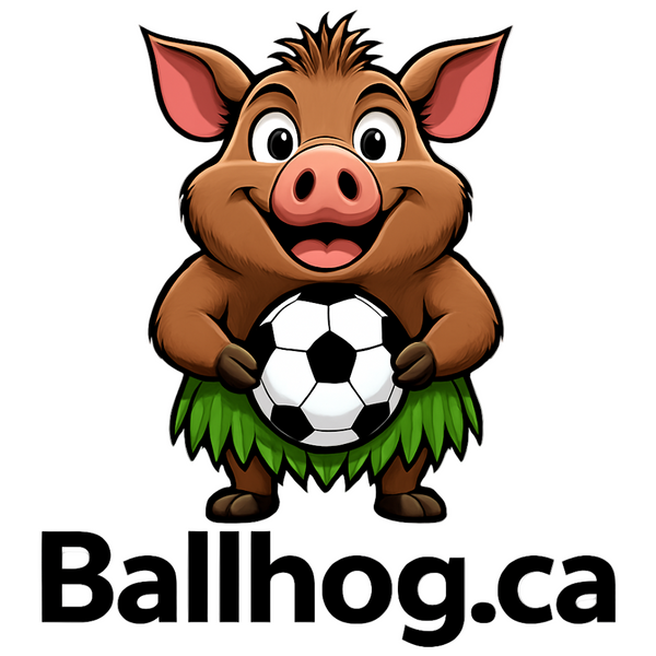 Cartoon boar holding a soccer ball with 'Ballhog.ca' text below